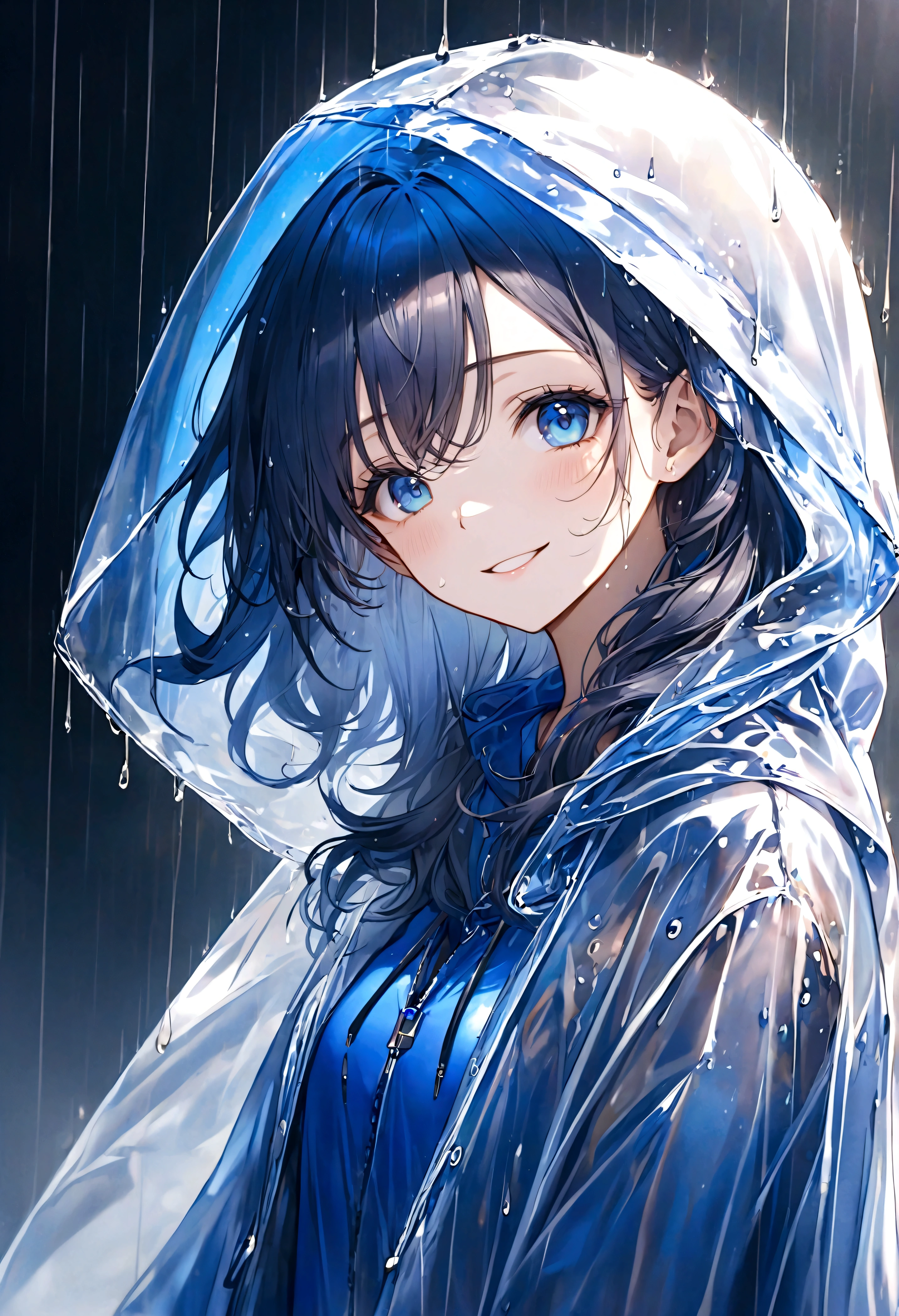 masterpiece,Ultra Detailed,Beautiful lady, hair,Long wavy hair, Sapphire blue eyes, Wear a transparent raincoat,Raincoat with hood,elegant smile, sweet smile, Relaxed expression, Fair skin, rain