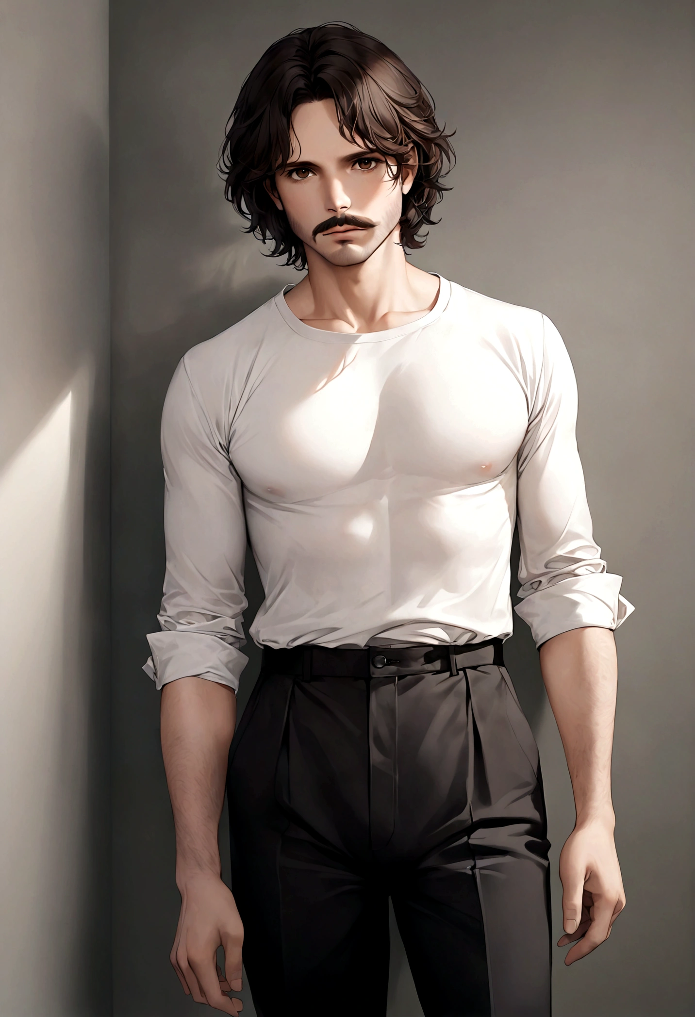 (traje de etiqueta para hombre), ), ((bigote estilo Van Dyke y (barba de chivo))), (light brown eyes), Aspecto atractivo y serio, cabello largo oscuro, messy hair, Elegante y con estilo, Camiseta de cuerpo fuerte , Un hombre similar al actor Jim Morrison, (Imagen realista y de alta calidad), Apartamento escandinavo en el fondo simple de un cuarto, ((La mejor calidad, 8K, obra maestra).((pose dinamica))