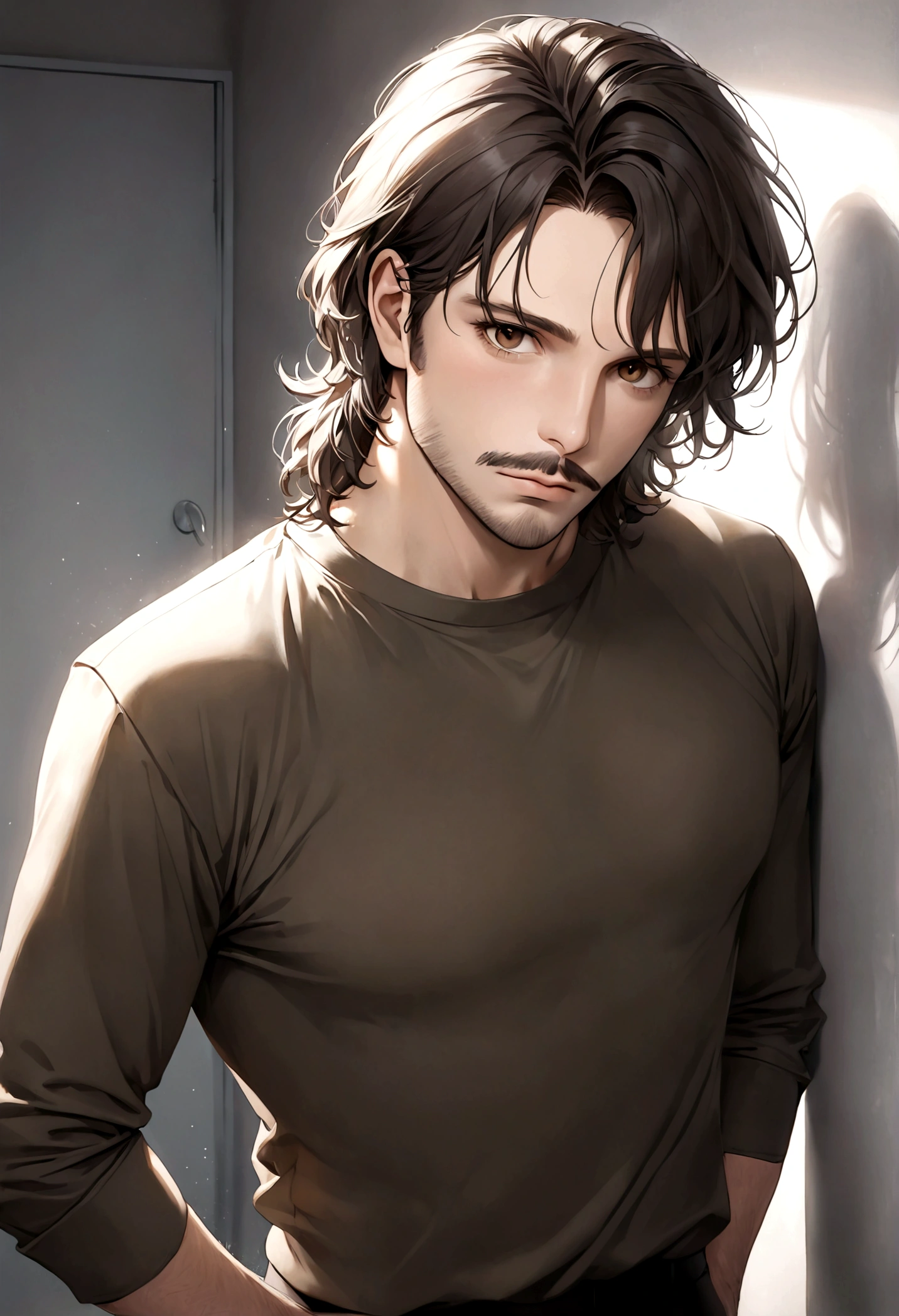 (traje de etiqueta para hombre), ), ((bigote estilo Van Dyke y (barba de chivo))), (light brown eyes), Aspecto atractivo y serio, cabello largo oscuro, messy hair, Elegante y con estilo, Camiseta de cuerpo fuerte , Un hombre similar al actor Jim Morrison, (Imagen realista y de alta calidad), Apartamento escandinavo en el fondo simple de un cuarto, ((La mejor calidad, 8K, obra maestra).((pose dinamica))