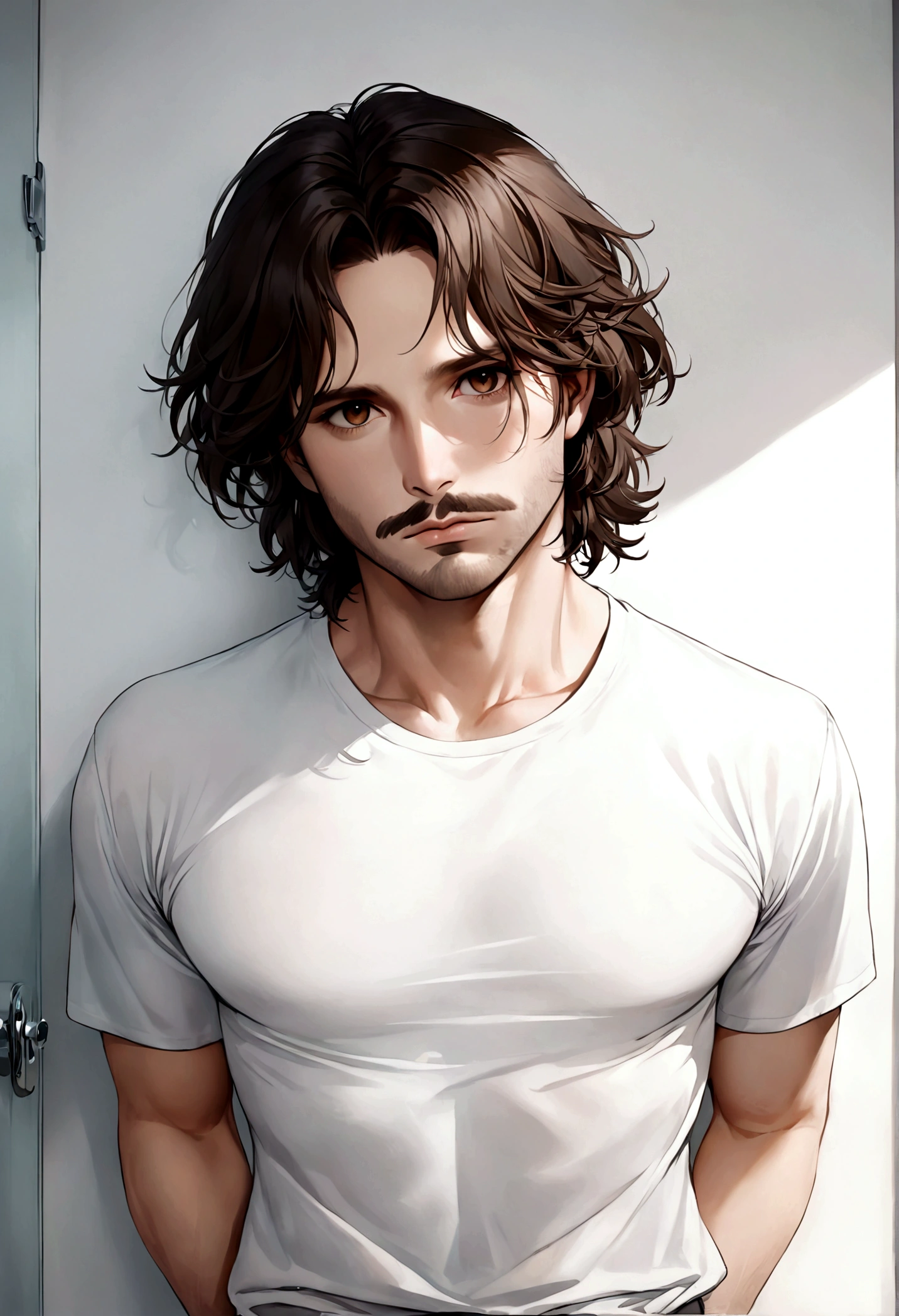 (traje de etiqueta para hombre), ), ((bigote estilo Van Dyke y (barba de chivo))), (light brown eyes), Aspecto atractivo y serio, cabello largo oscuro, messy hair, Elegante y con estilo, Camiseta de cuerpo fuerte , Un hombre similar al actor Jim Morrison, (Imagen realista y de alta calidad), Apartamento escandinavo en el fondo simple de un cuarto, ((La mejor calidad, 8K, obra maestra).((pose dinamica))