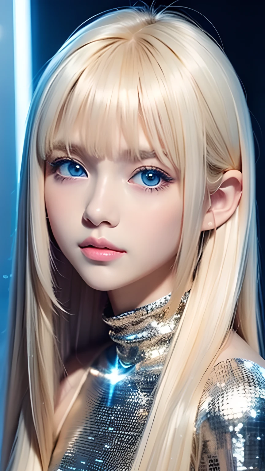 White shiny skin、Blonde hair color that changes with light、Long bangs obstruct the view、Glossy highlight on cheeks、The most beautiful face in the world、Super long gorgeous blonde hair、Smooth straight hair、Ample Bust、Large, sparkling, light blue eyes、Beautiful bangs、Beautiful cute girl 15 years old、Round face、Small Face Beauty、Cheek highlighter