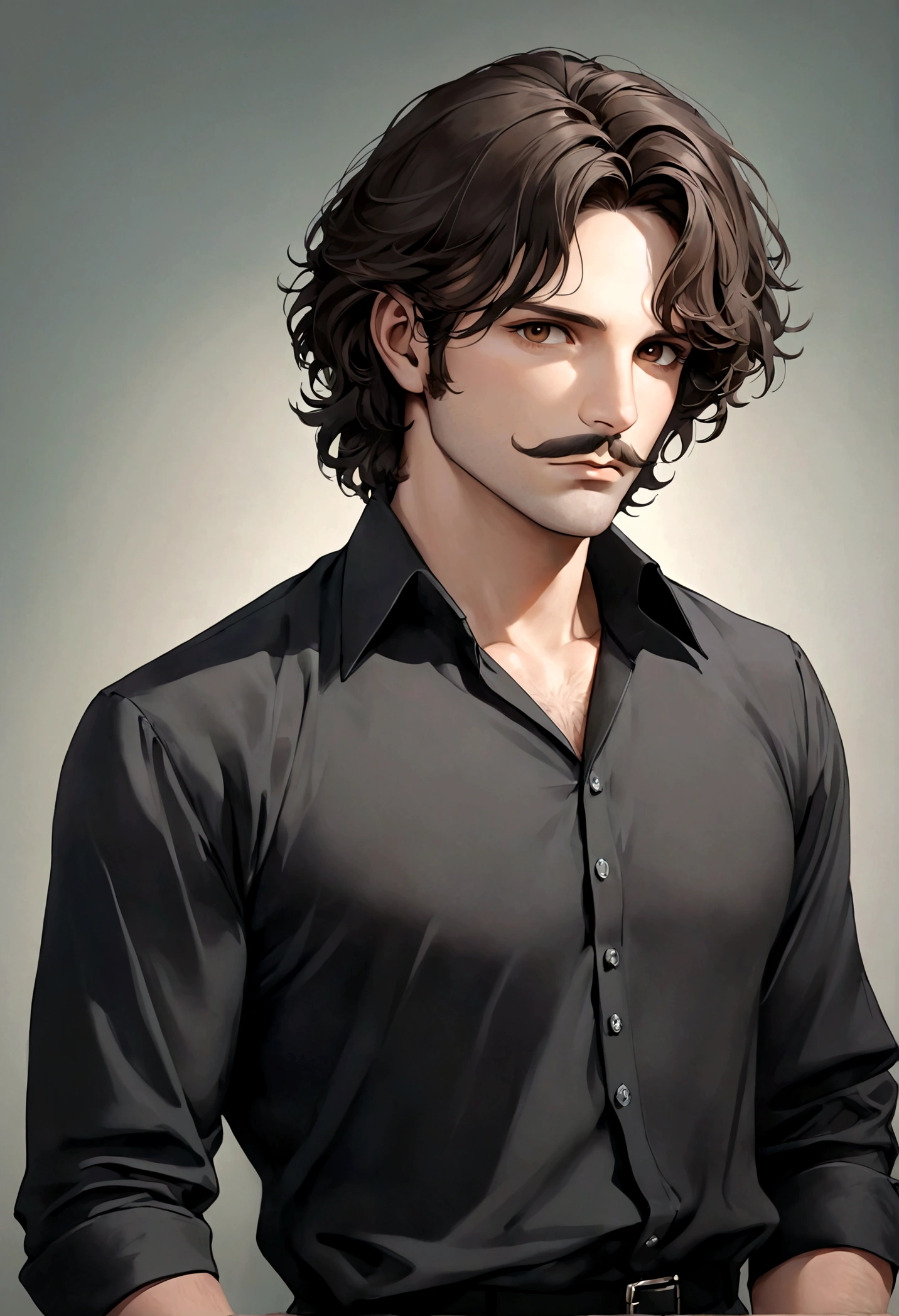 (traje de etiqueta para hombre), ), ((bigote estilo Van Dyke y (barba de chivo))), (light brown eyes), Aspecto atractivo y serio, cabello largo oscuro, messy hair, Elegante y con estilo, Camiseta de cuerpo fuerte , Un hombre similar al actor Jim Morrison, (Imagen realista y de alta calidad), Apartamento escandinavo en el fondo simple de un cuarto, ((La mejor calidad, 8K, obra maestra).((pose dinamica))