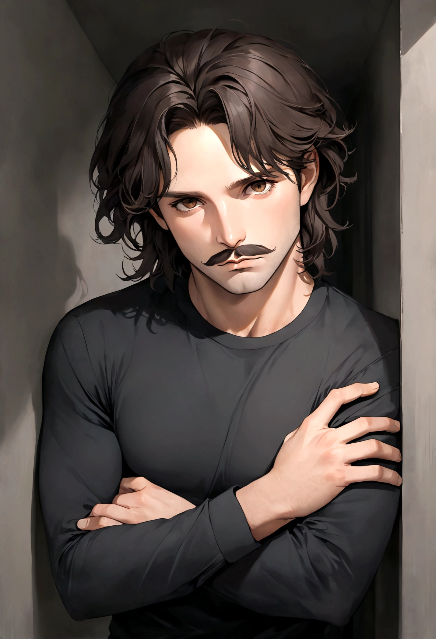 (traje de etiqueta para hombre), ), ((bigote estilo Van Dyke y (barba de chivo))), (light brown eyes), Aspecto atractivo y serio, cabello largo oscuro, messy hair, Elegante y con estilo, Camiseta de cuerpo fuerte , Un hombre similar al actor Jim Morrison, (Imagen realista y de alta calidad), Apartamento escandinavo en el fondo simple de un cuarto, ((La mejor calidad, 8K, obra maestra).((pose dinamica))
