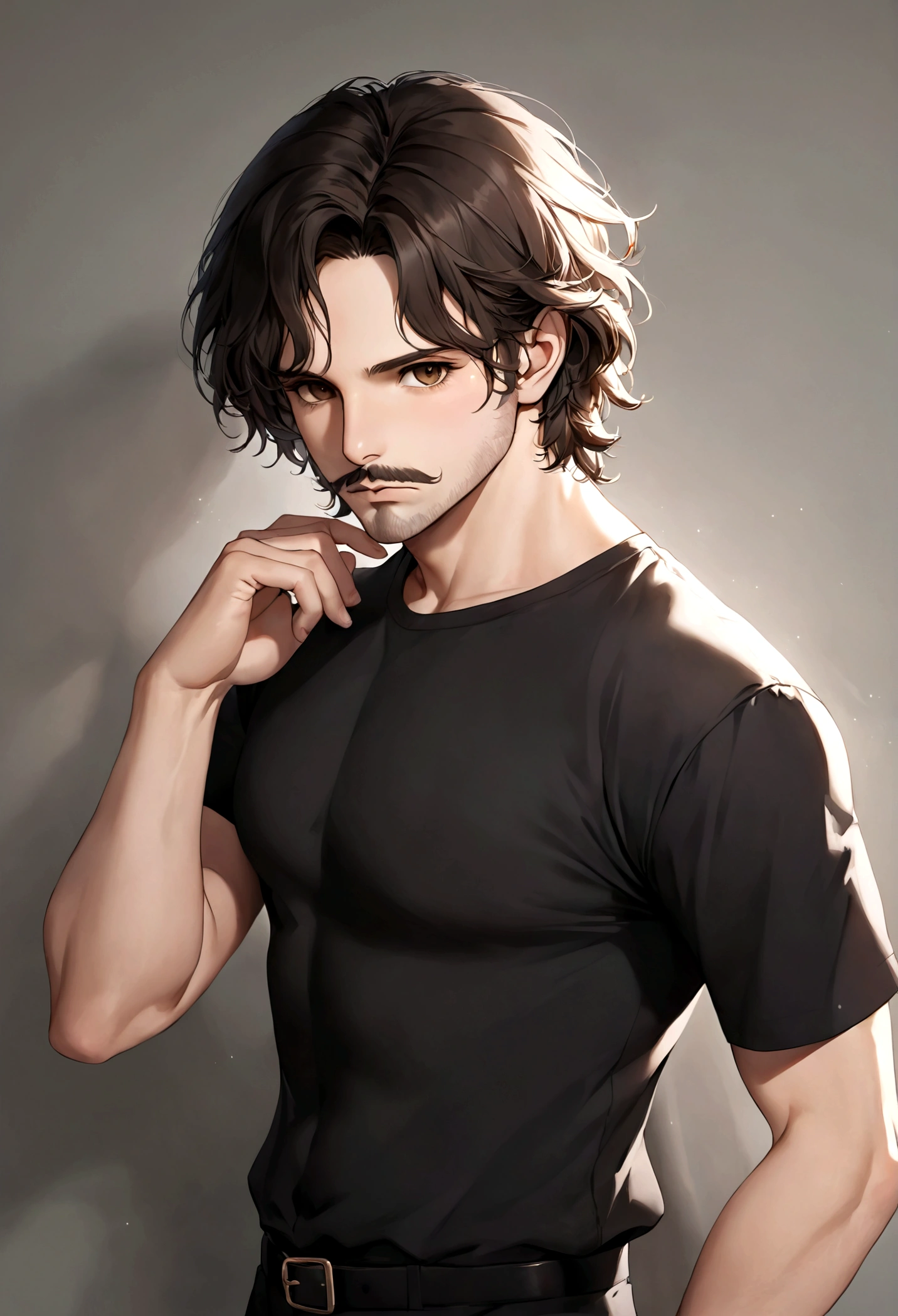 (traje de etiqueta para hombre), ), ((bigote estilo Van Dyke y (barba de chivo))), (light brown eyes), Aspecto atractivo y serio, cabello largo oscuro, messy hair, Elegante y con estilo, Camiseta de cuerpo fuerte , Un hombre similar al actor Jim Morrison, (Imagen realista y de alta calidad), Apartamento escandinavo en el fondo simple de un cuarto, ((La mejor calidad, 8K, obra maestra).((pose dinamica))