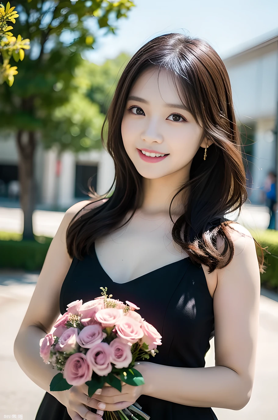 (8k, RAW Photos, highest quality、masterpiece:1.2), (Realistic、Realistic:1.37), Very detailed, High resolution, 1 girl, Laughter, View your viewers, Black Dress, Beautifully detailed face、(Holding a bouquet:1.3),Beautiful and detailed skin、Skin Texture、Floating Hair、Professional Lighting, noon
