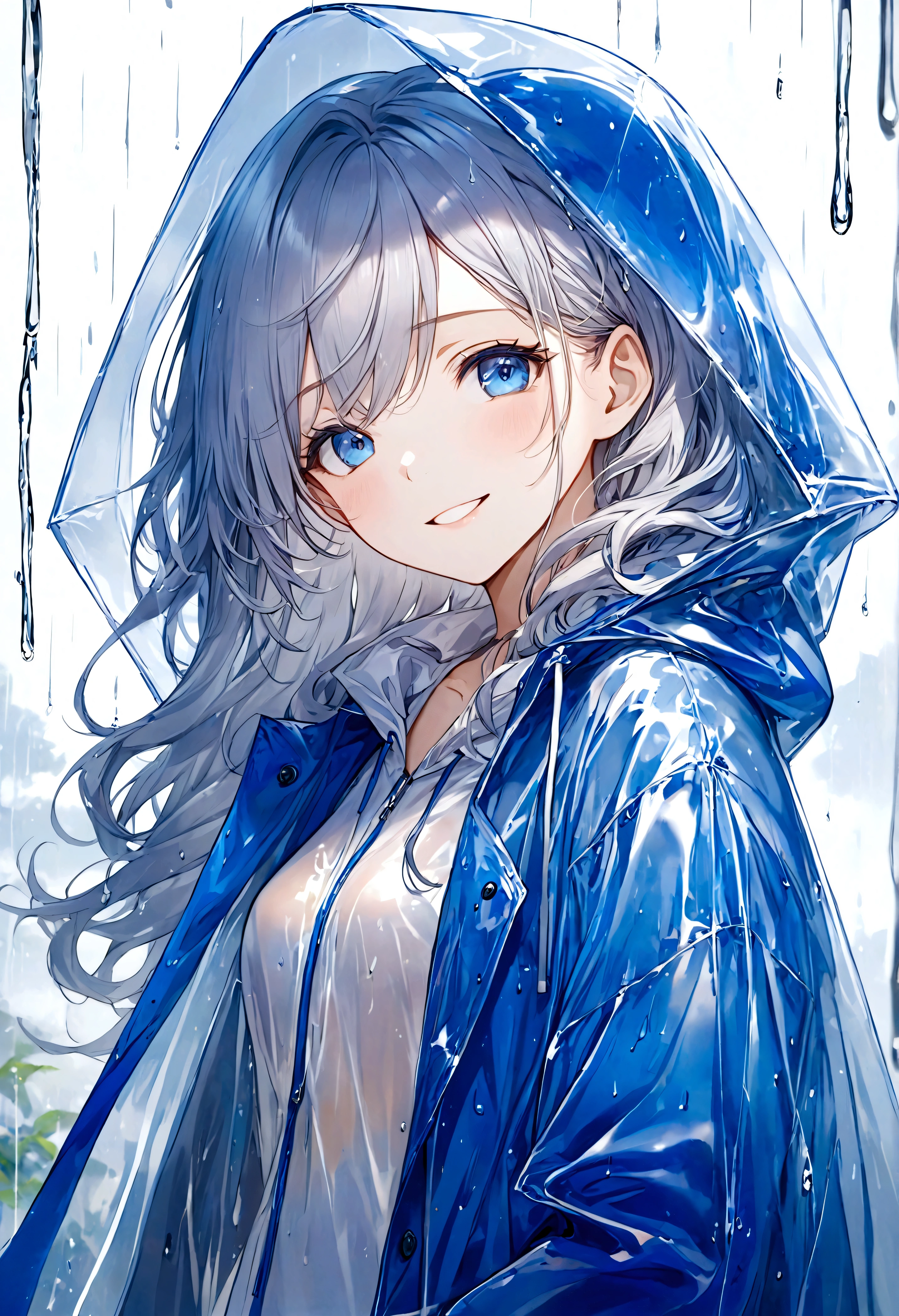 masterpiece,Ultra Detailed,Beautiful lady, hair,Long wavy hair, Sapphire blue eyes, Wear a transparent raincoat,Raincoat with hood,elegant smile, sweet smile, Relaxed expression, Fair skin, rain