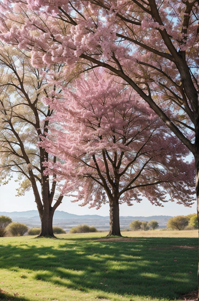 Create a beautiful natural scene with sunlight and pink tree 