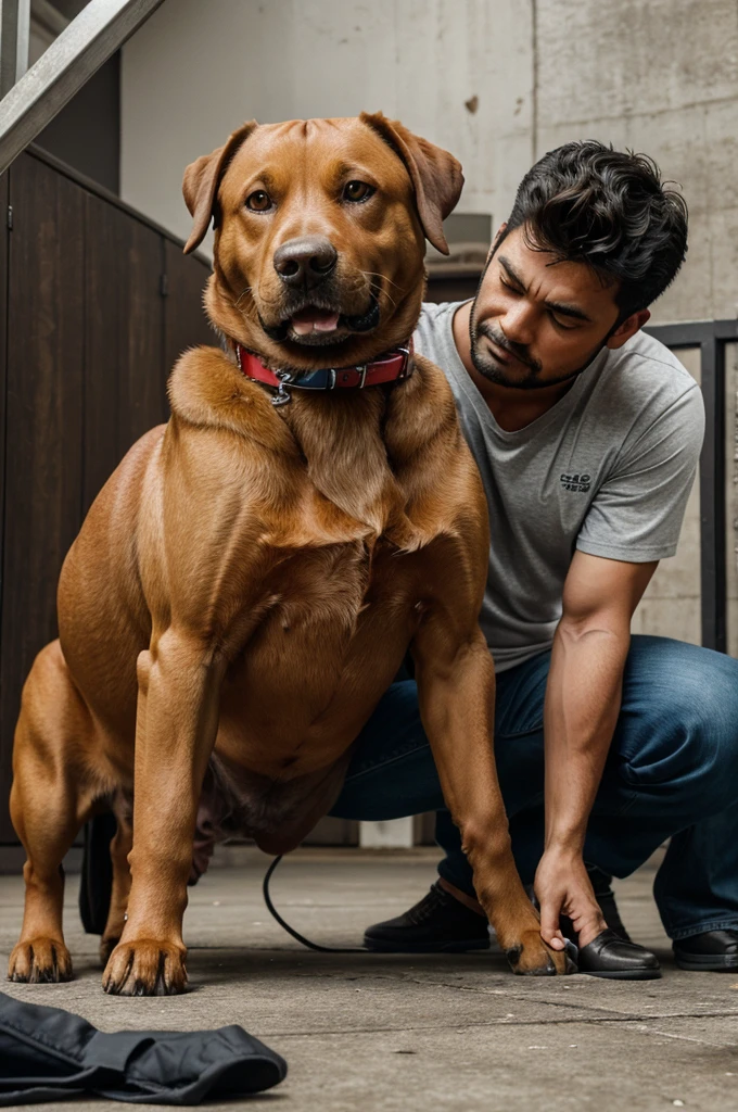 A dog who bites a man strong man, dog have a big size of legs, strong lost his breath