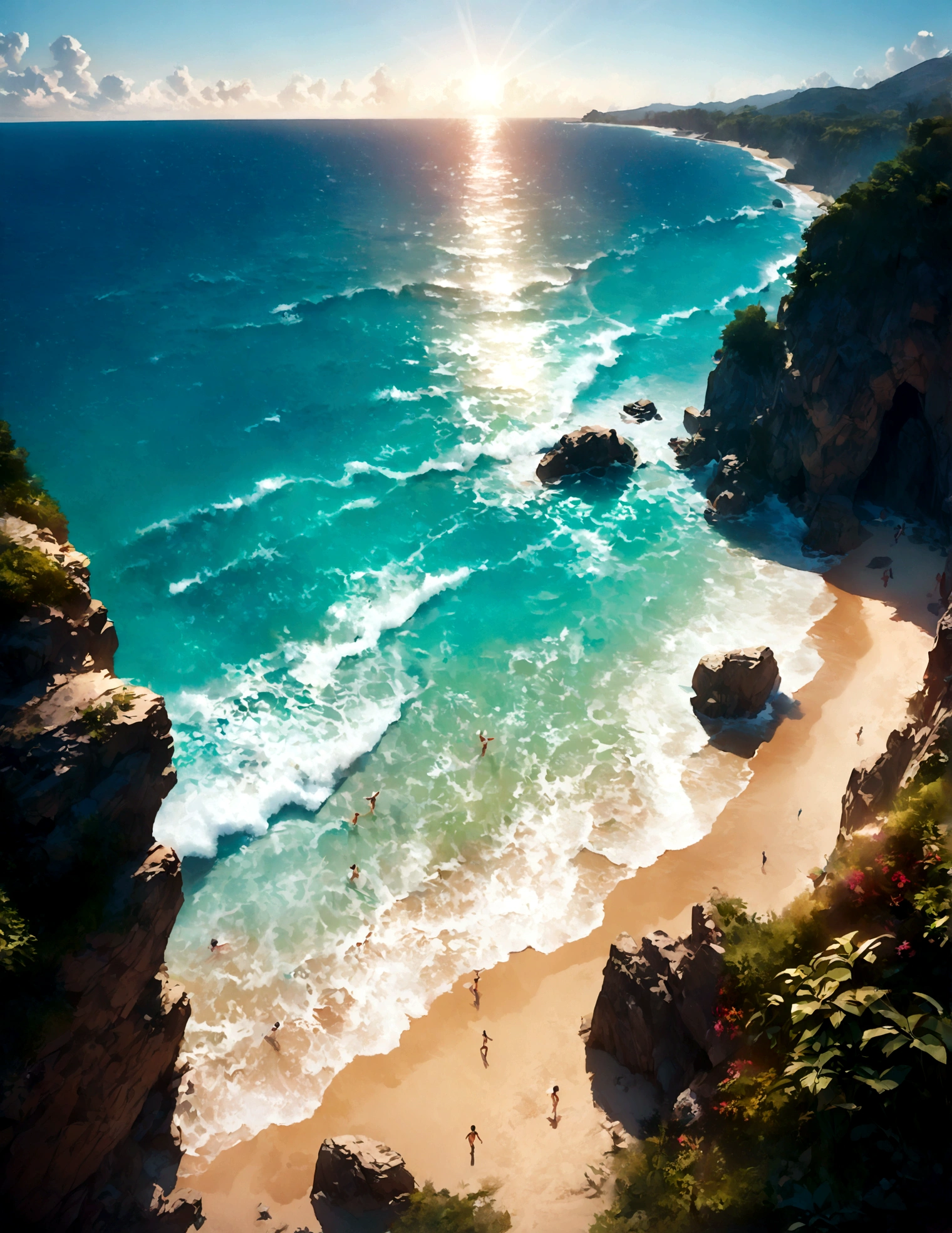 summer beach landscape photography,Beautiful sandy beach and emerald green sea,horizon,((A group of young people running towards the sea)),((Show your back: Rear view)),sprint towards the sea,Express your desire to jump into the sea as soon as possible,fine,summer clothes,dynamic pose,dynamically,raise your hand,looks fun,anatomically correct,This is an image of the start of a fun summer.,Photoreal,realistic skin texture,draw hair delicately,Beautiful men and women,Men should be moderately muscular, women should have perfect proportions.,The sea surface sparkles reflecting the summer sunlight.,Contrail in the summer blue sky,(masterpiece:1.3),(highest quality:1.4),(ultra detailed:1.5),High resolution,extremely detailed,unity 8k wallpaper,rich colors,Summer color balance,absurdity,perfect anatomy