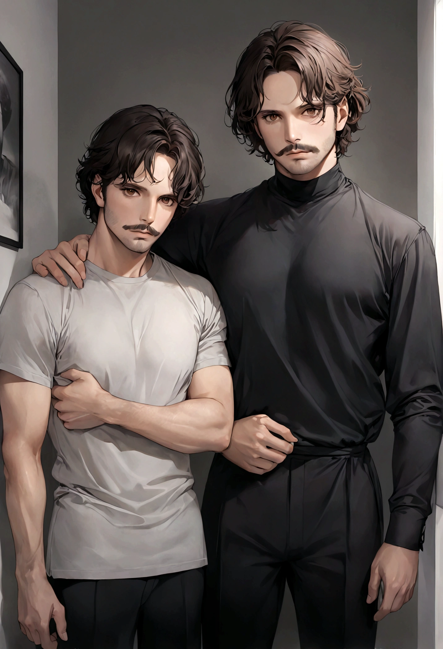 (traje de etiqueta para hombre), ), ((bigote estilo Van Dyke y (barba de chivo))), (light brown eyes), Aspecto atractivo y serio, cabello largo oscuro, messy hair, Elegante y con estilo, Camiseta de cuerpo fuerte , Un hombre similar al actor Jim Morrison, (Imagen realista y de alta calidad), Apartamento escandinavo en el fondo simple de un cuarto, ((La mejor calidad, 8K, obra maestra).((pose dinamica))