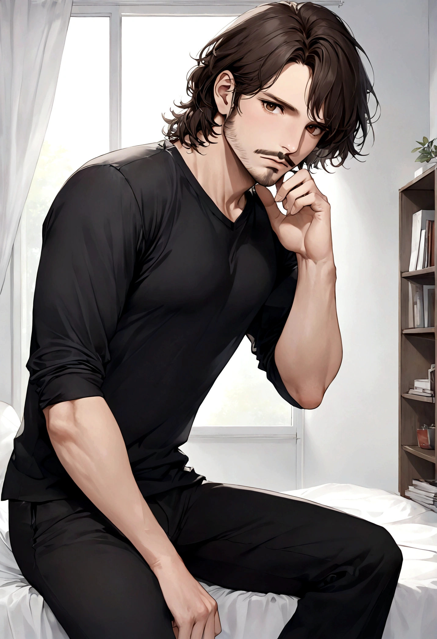 (traje de etiqueta para hombre), ), ((bigote estilo Van Dyke y (barba de chivo))), (light brown eyes), Aspecto atractivo y serio, cabello largo oscuro, messy hair, Elegante y con estilo, Camiseta de cuerpo fuerte , Un hombre similar al actor Jim Morrison, (Imagen realista y de alta calidad), Apartamento escandinavo en el fondo simple de un cuarto, ((La mejor calidad, 8K, obra maestra).((pose dinamica))