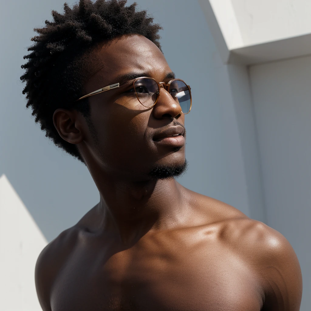 3D rendered cinematic photograph of a young black man with short hair, on a white background. He is wearing stylish glasses and captured in a phase of joy, looking up with a radiant expression. The scene must include soft light that highlights the contours of the face, sharp details in HDR, with 8K resolution, emphasizing the texture of the skin and the shine of the glasses