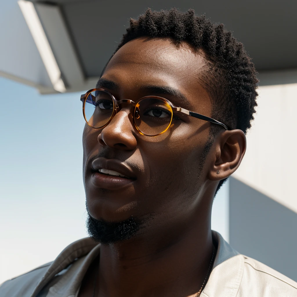 3D rendered cinematic photograph of a young black man with short hair, on a white background. He is wearing stylish glasses and captured in a phase of joy, looking up with a radiant expression. The scene must include soft light that highlights the contours of the face, sharp details in HDR, with 8K resolution, emphasizing the texture of the skin and the shine of the glasses
