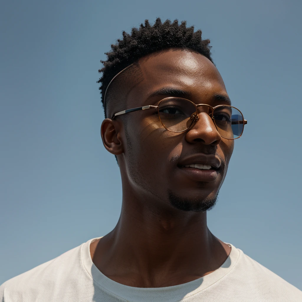 3D rendered cinematic photograph of a young black man with short hair, on a white background. He is wearing stylish glasses and captured in a phase of joy, looking up with a radiant expression. The scene must include soft light that highlights the contours of the face, sharp details in HDR, with 8K resolution, emphasizing the texture of the skin and the shine of the glasses