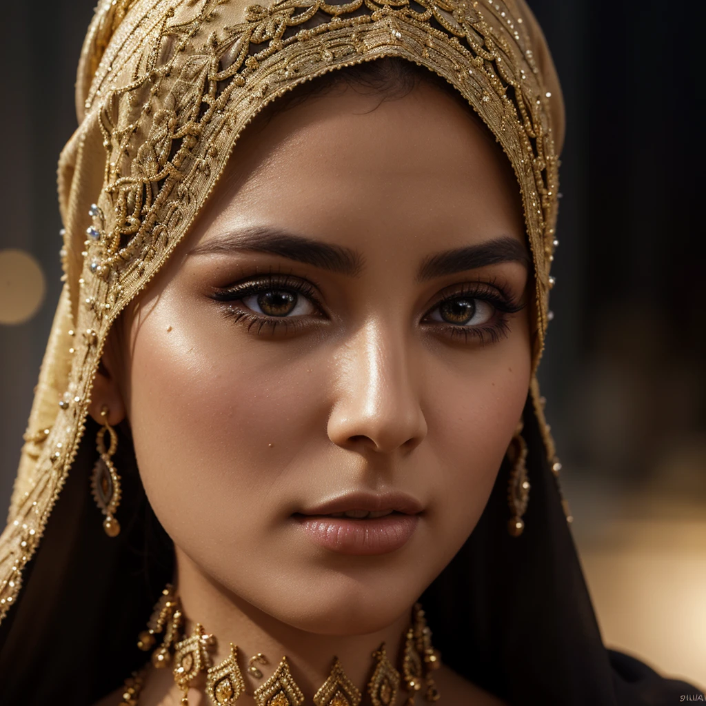 detailed portrait of a woman, beautiful detailed eyes, beautiful detailed lips, extremely detailed eyes and face, long eyelashes, middle eastern female, hijab, arabic, intricate ornate jewelry, ornate headpiece, ornate background, rich colors, chiaroscuro lighting, dramatic lighting, cinematic, masterpiece, best quality, 8k, ultra-detailed, realistic, photorealistic, photo-realistic, HDR, UHD, studio lighting, ultra-fine painting, sharp focus, physically-based rendering, extreme detail description, professional, vivid colors, bokeh