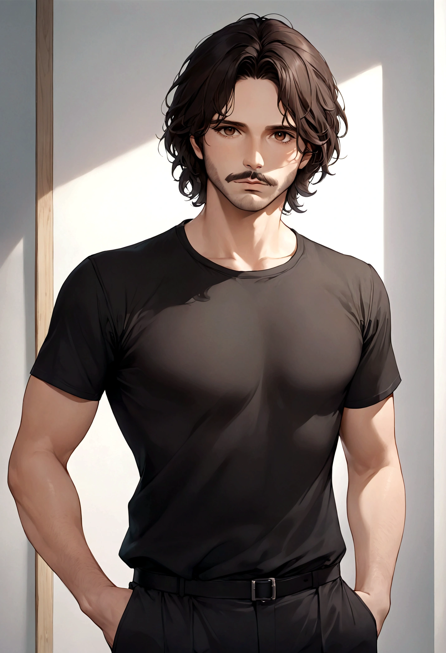 (traje de etiqueta para hombre), ), ((bigote estilo Van Dyke y (barba de chivo))), (light brown eyes), Aspecto atractivo y serio, cabello largo oscuro, messy hair, Elegante y con estilo, Camiseta de cuerpo fuerte , Un hombre similar al actor Jim Morrison, (Imagen realista y de alta calidad), Apartamento escandinavo en el fondo simple de un cuarto, ((La mejor calidad, 8K, obra maestra).((pose dinamica))