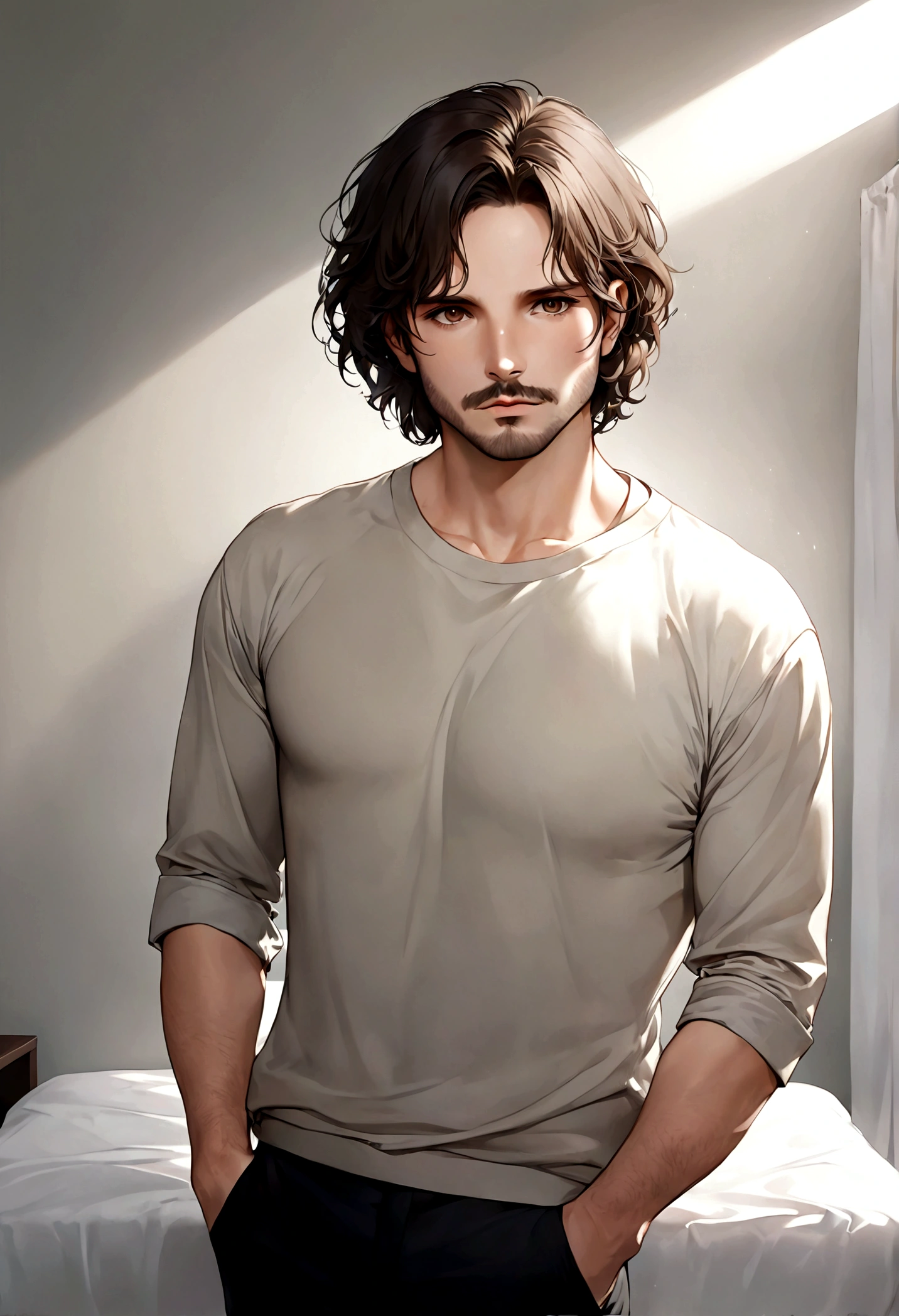 (traje de etiqueta para hombre), ), ((bigote estilo Van Dyke y (barba de chivo))), (light brown eyes), Aspecto atractivo y serio, cabello largo oscuro, messy hair, Elegante y con estilo, Camiseta de cuerpo fuerte , Un hombre similar al actor Jim Morrison, (Imagen realista y de alta calidad), Apartamento escandinavo en el fondo simple de un cuarto, ((La mejor calidad, 8K, obra maestra).((pose dinamica))
