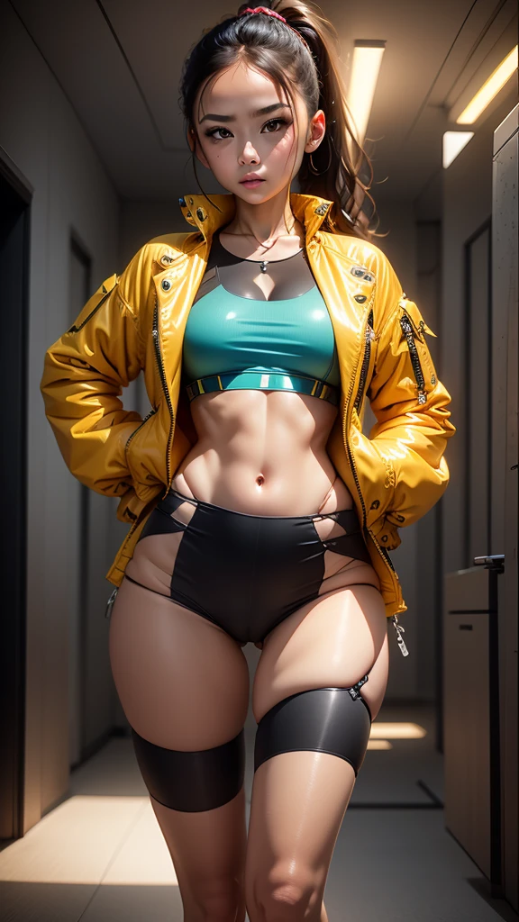 Character standing drawing, modern design, 1 girl, thighs, cropped jacket, ponytail, skirt, solo, jacket, looking at the audience, hands on hips, garters, long hair, brunette hair, brown eyes, blue jacket, sports bra, breasts, crop top zettai ryouiki, open clothes, standing, gray background, standing, full