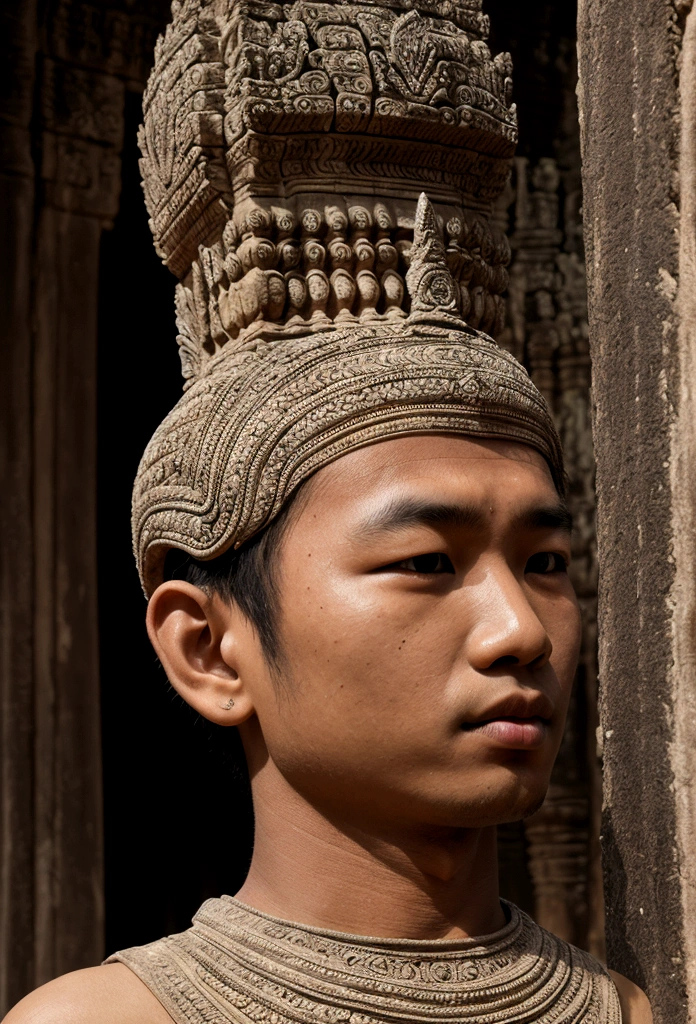 a young man, cambodia, angkor wat style, camera shot style, profile picture, realistic