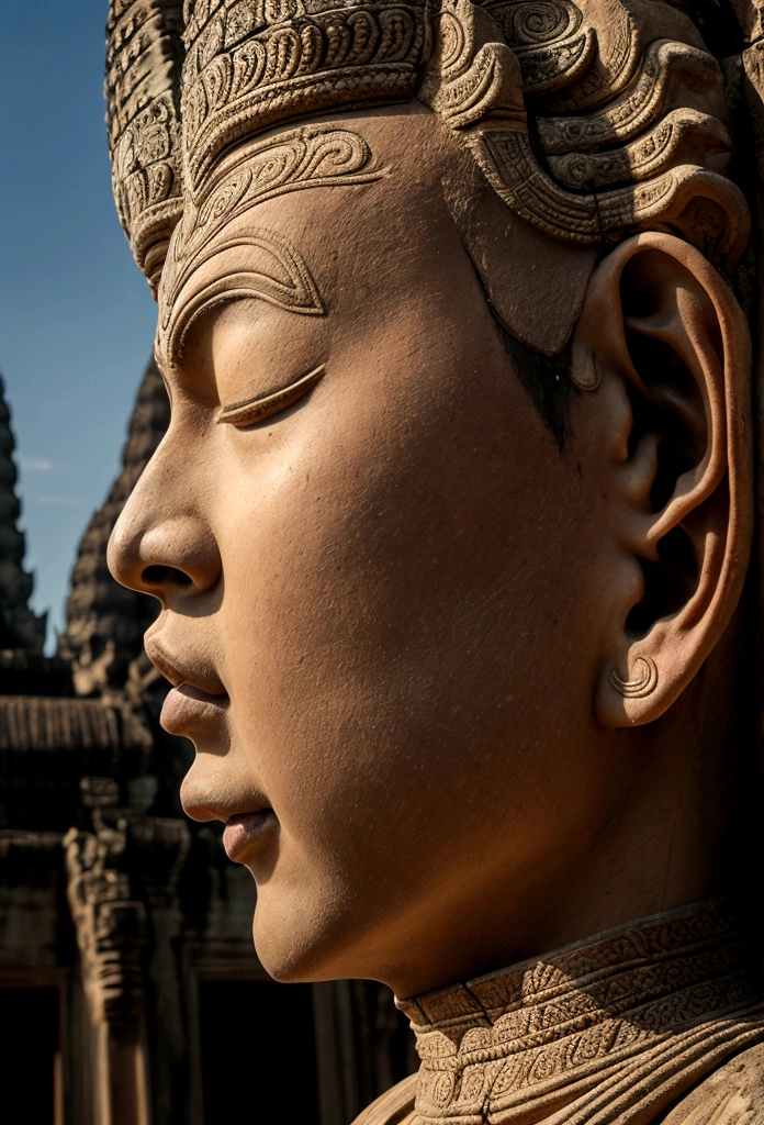 a young man, cambodia, angkor wat style, camera shot style, profile picture, realistic