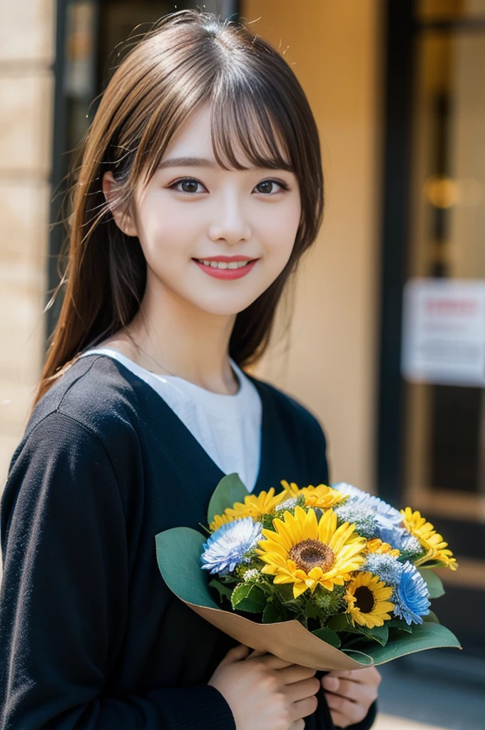 (8k, RAW Photos, highest quality、masterpiece:1.2), (Realistic、Realistic:1.37), Very detailed, High resolution, 1 girl, Laughter, View your viewers, Black clothes, Beautifully detailed face、(Holding a bouquet:1.3),Beautiful and detailed skin、Skin Texture、Floating Hair、Professional Lighting, noon
