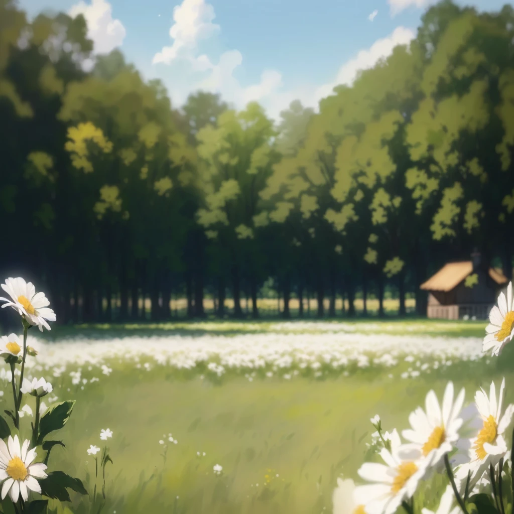 there are many white flowers in the field with wood in the background, Field - Blur, Blurry dreamy outdoors, sunny Park Background, soft focus Matte Paint, wood. Matte Paint, Park Background, On a sunny day, Anime countryside landscape, flowers and wood, Blurry dreamy illustration, Insanely detailed depth of field, Blurred environmental background, soft filmic tonemapping