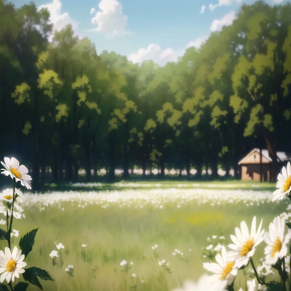 there are many white flowers in the field with wood in the background, Field - Blur, Blurry dreamy outdoors, sunny Park Background, soft focus Matte Paint, wood. Matte Paint, Park Background, On a sunny day, Anime countryside landscape, flowers and wood, Blurry dreamy illustration, Insanely detailed depth of field, Blurred environmental background, soft filmic tonemapping