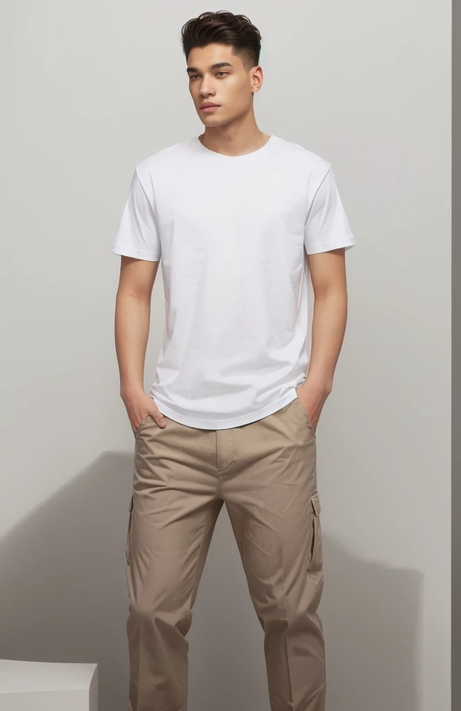 man in white shirt and khaki pants standing in front of white wall, man in White T-shirt, Official product images, Wear a white T-shirt, White T-shirt, White T-shirt, Short sleeve, dressed in a White T-shirt, Wearing pants and T-shirt, White T-shirt, modern casual clothing
