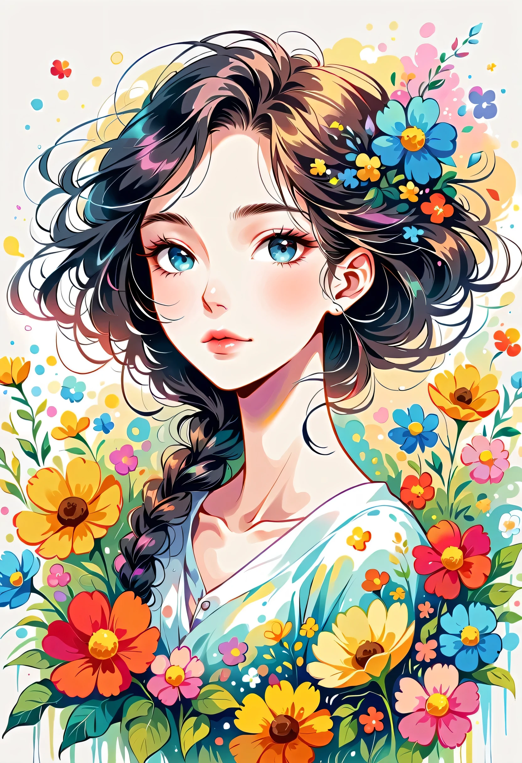 Yuusuke Nakamura style, The most beautiful girl of all time,Lips in Love, colorful flowers, Simple Line Initialism,Abstract art,Urban Background