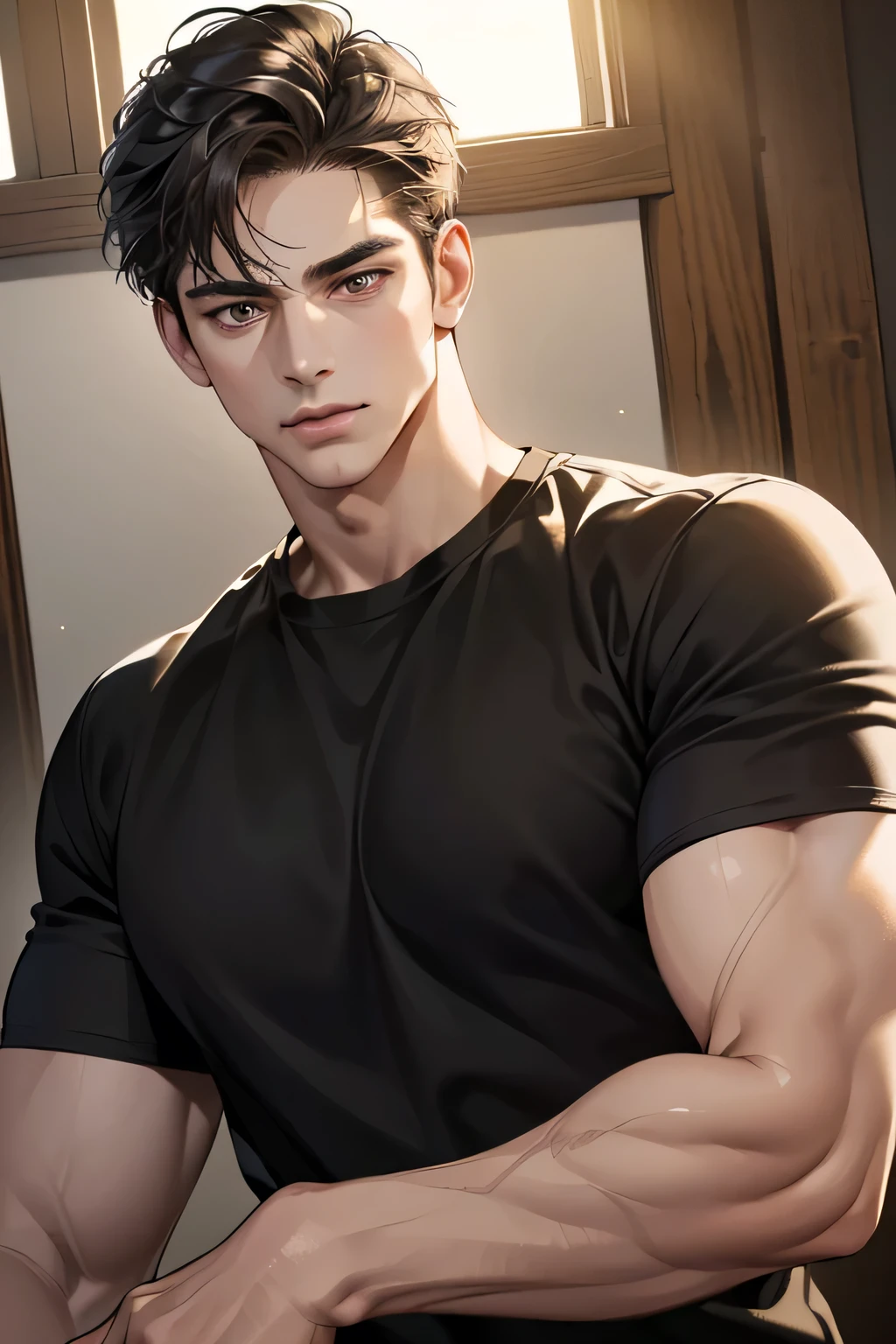 (Best quality,4K,8K,a high resolution,masterpiece:1.2),ultra detailed,(realistic,photorealistic,photo-realistic:1.37),39 year old man,Beautiful anime,portraits,strong,masculine,dark hair,Sharp jawline,Mesmerizing eyes,Perfectly styled hair,confident expression,bright colors,dynamic lighting,Brown eyes,(Black T-shirt),(tanned skin),((mature man, man 40 years old)),(square jaw)