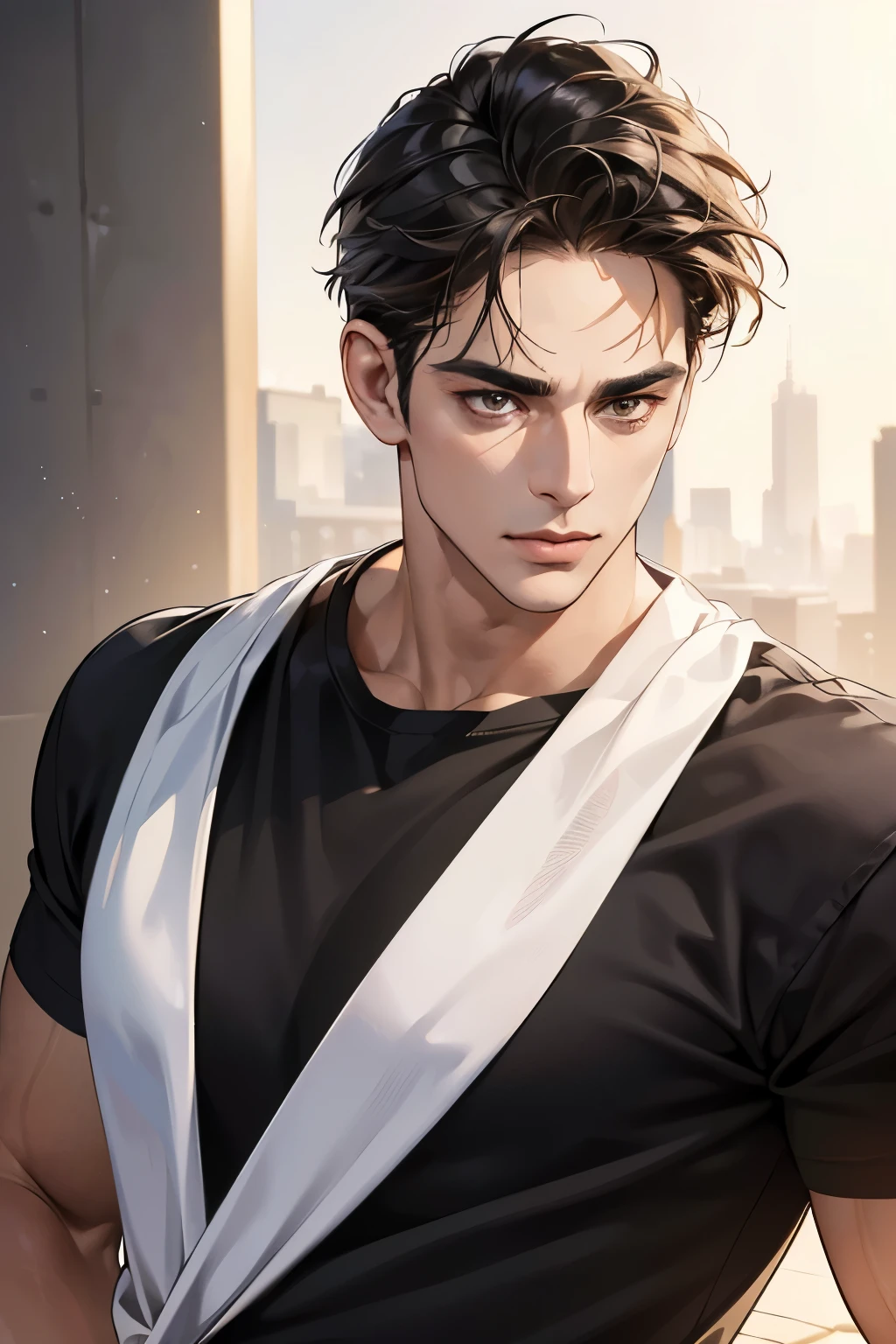 (Best quality,4K,8K,a high resolution,masterpiece:1.2),ultra detailed,(realistic,photorealistic,photo-realistic:1.37),39 year old man,Beautiful anime,portraits,strong,masculine,dark hair,Sharp jawline,Mesmerizing eyes,Perfectly styled hair,confident expression,bright colors,dynamic lighting,Brown eyes,(Black T-shirt),(tanned skin),((mature man, man 40 years old)),(square jaw)