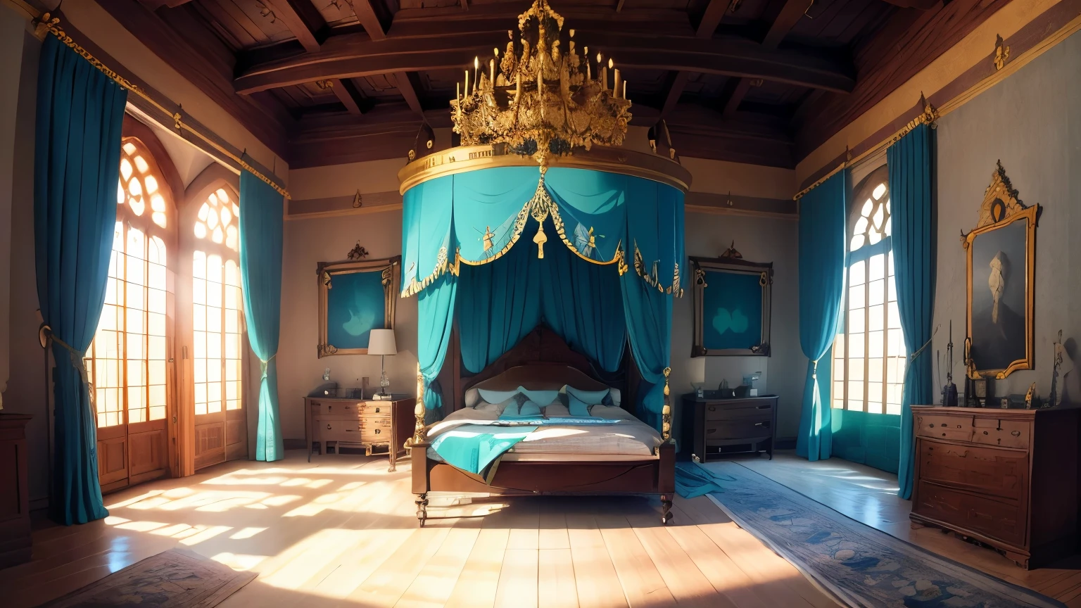 (Indoor wide angle),Medieval palace interior,big bed,(Cyan flags hanging from the roof),Main Hall,palace,bedroom,luxury,style,Magnificent,Indoor high ceiling,Gold decoration