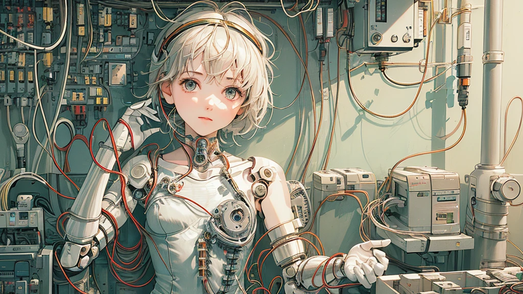 (((masterpiece))), (((highest quality))), ((Very detailed)), (Highly detailed CG illustrations), ((Very delicate and beautiful)),(Cute and delicate face),Light,((1. Machine Girl)),alone,whole body,(Machine made joints:1.4),((Mechanical Limbs)),(Muscles bulge),(Blood vessels are connected to tubes),(Brain in a container:1.3),((Mechanical vertebrae attached to the back)),((Mechanical cervical vertebrae attached to the neck)),((Sitting)),poker face,(Wires and cables attached to head and body:1.5),Small breasts,short hair,(Character Focus),SF,Lying down