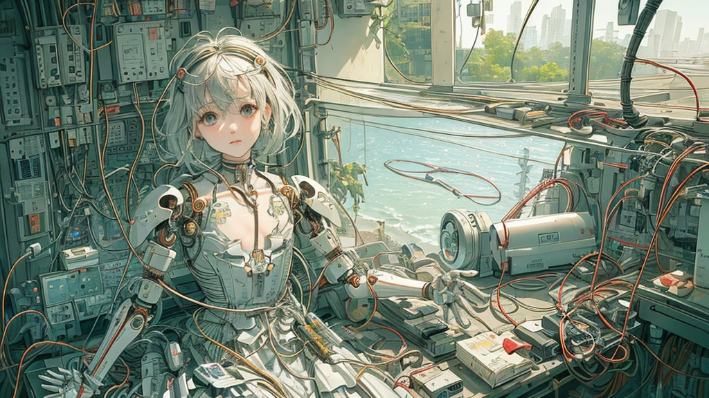 (((masterpiece))), (((highest quality))), ((Very detailed)), (Highly detailed CG illustrations), ((Very delicate and beautiful)),(Cute and delicate face),Light,((1. Machine Girl)),alone,whole body,(Machine made joints:1.4),((Mechanical Limbs)),(Muscles bulge),(Blood vessels are connected to tubes),(Brain in a container:1.3),((Mechanical vertebrae attached to the back)),((Mechanical cervical vertebrae attached to the neck)),((Sitting)),poker face,(Wires and cables attached to head and body:1.5),Small breasts,short hair,(Character Focus),SF,Lying down