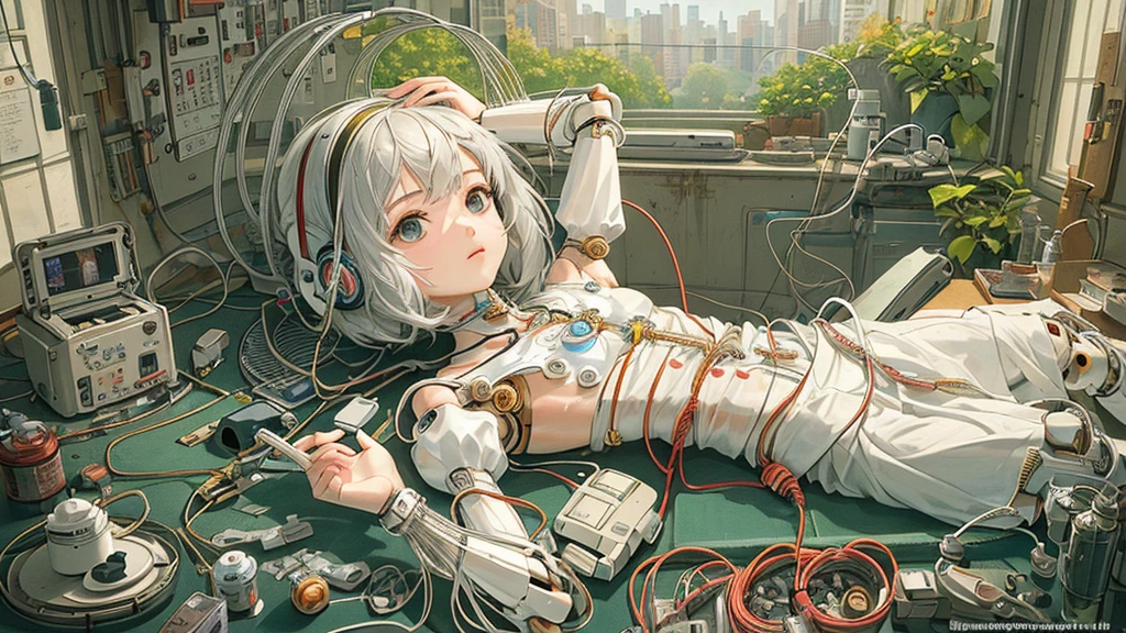 (((masterpiece))), (((highest quality))), ((Very detailed)), (Highly detailed CG illustrations), ((Very delicate and beautiful)),(Cute and delicate face),Light,((1. Machine Girl)),alone,whole body,(Machine made joints:1.4),((Mechanical Limbs)),(Muscles bulge),(Blood vessels are connected to tubes),(Brain in a container:1.3),((Mechanical vertebrae attached to the back)),((Mechanical cervical vertebrae attached to the neck)),((Sitting)),poker face,(Wires and cables attached to head and body:1.5),Small breasts,short hair,(Character Focus),SF,Lying down