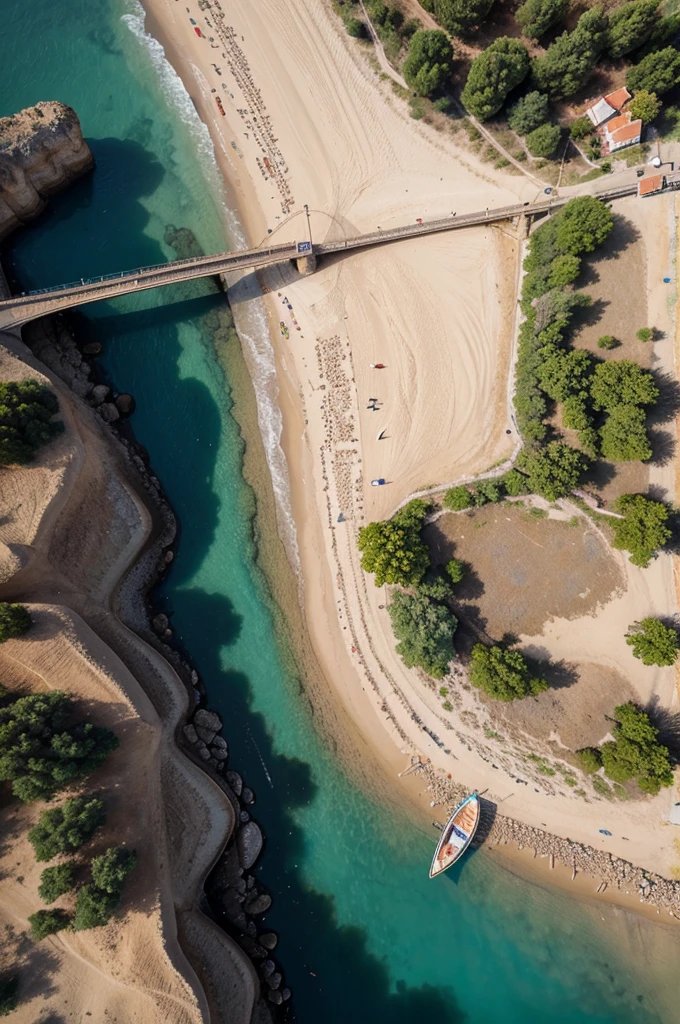 Paria do Creiro in Portugal seen from above with a giant swimsuit floating on the water