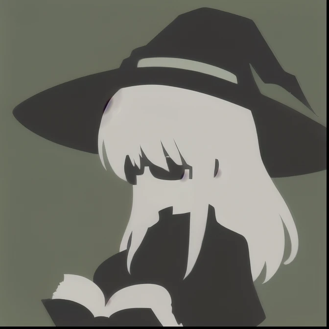 Anime Minimalist, One girl, alone, White Hair, Black clothing,Green background, hair ornaments, librarian,Glasses,hat,witch,(Turned to the side:1.5),(Reading a book:1.3),(Large Breasts.1.7),(Huge breasts:1.25)