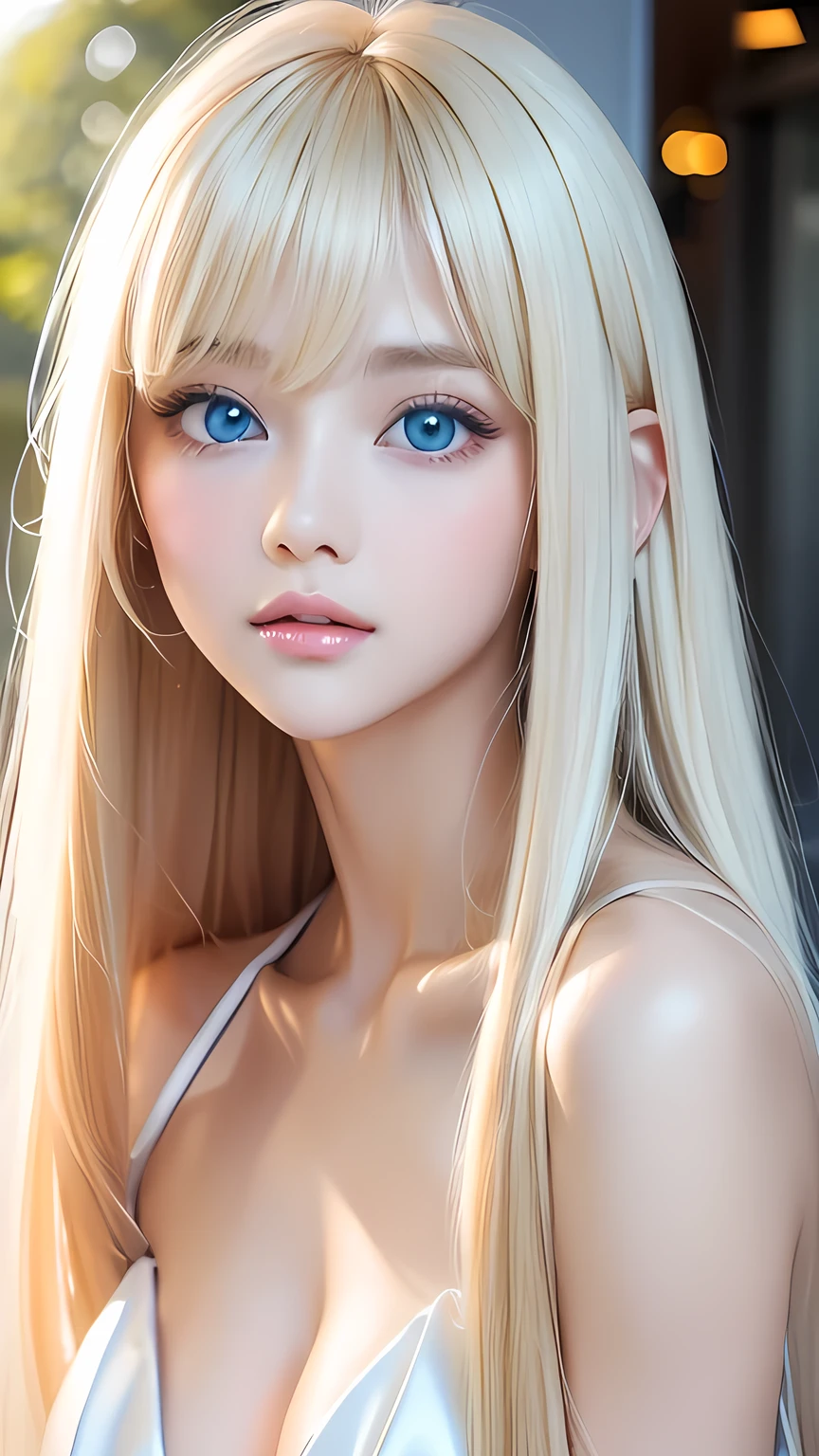 White shiny skin、Blonde hair color that changes with light、Long bangs obstruct the view、Glossy highlight on cheeks、The most beautiful face in the world、Super long gorgeous blonde hair、Smooth straight hair、Ample Bust、Large, sparkling, light blue eyes、Beautiful bangs、Beautiful cute girl 、Round face、Small Face Beauty、Cheek highlighter