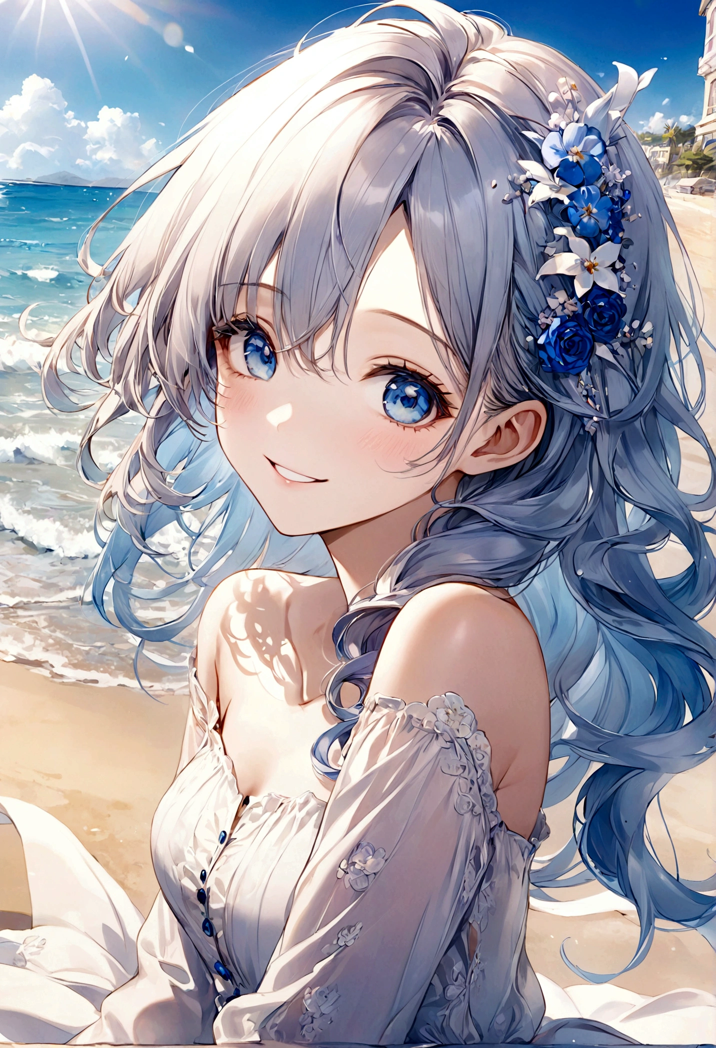 masterpiece,Ultra Detailed,Beautiful lady, hair,Long wavy hair, Sapphire blue eyes, beach,sunny,elegant smile, sweet smile, Relaxed expression, Fair skin