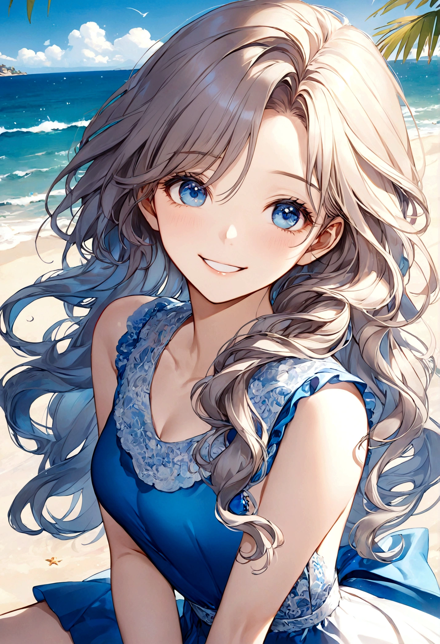 masterpiece,Ultra Detailed,Beautiful lady, hair,Long wavy hair, Sapphire blue eyes, beach，sunny，elegant smile, sweet smile, Relaxed expression, Fair skin