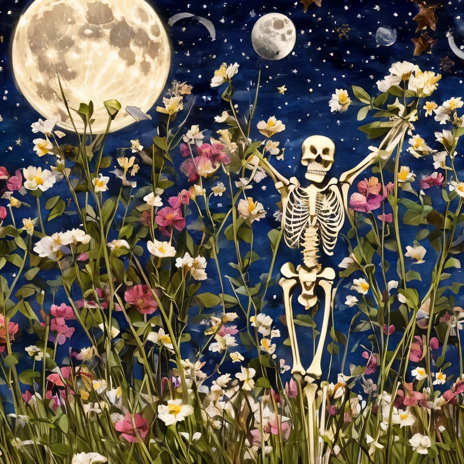 ((masterpiece)) ((high resolution)) ((high quality)) A human skeleton standing with flowers surrounding it, the moon on the sky and some stars