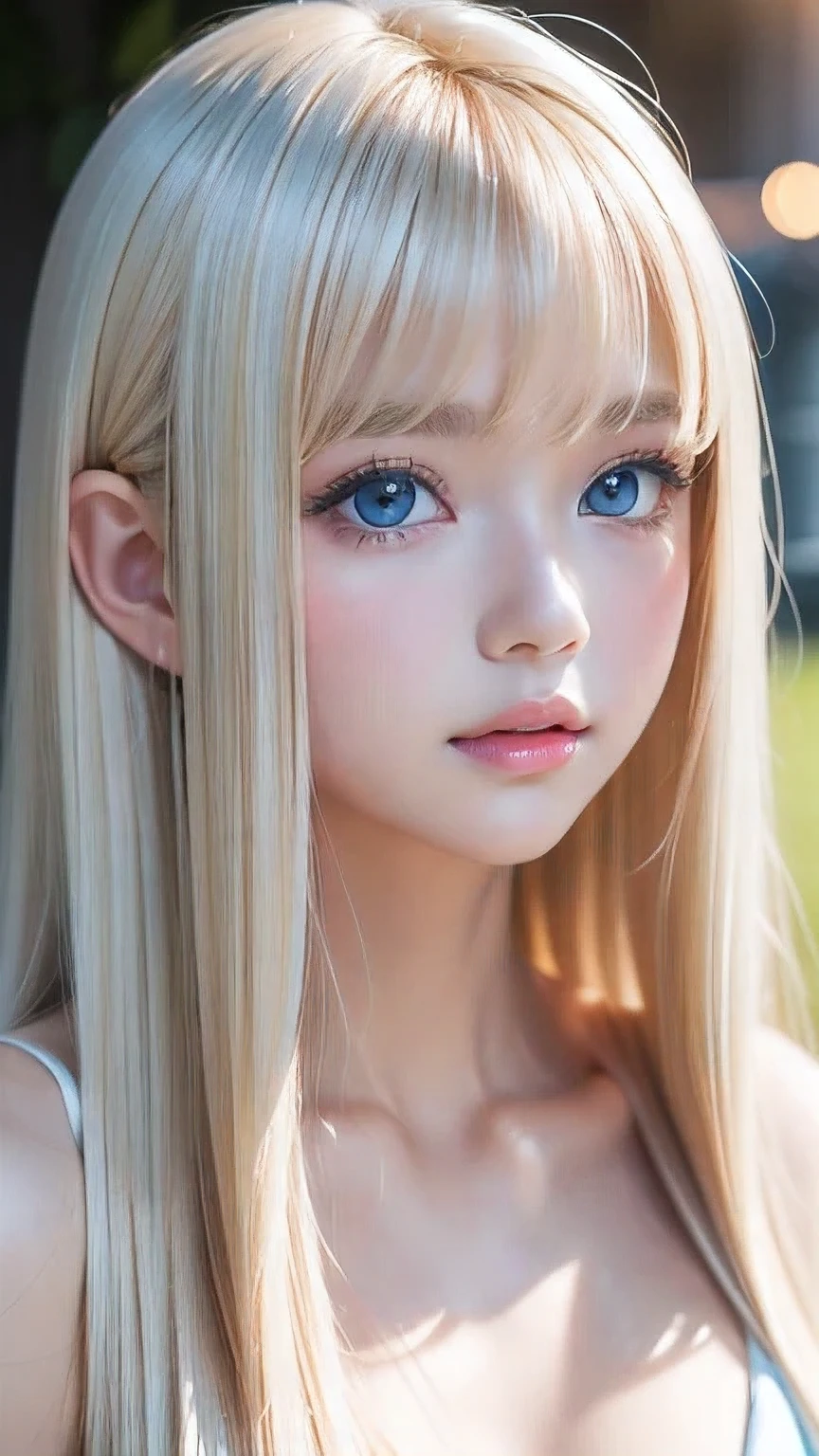 White shiny skin、Blonde hair color that changes with light、Long bangs obstruct the view、Glossy highlight on cheeks、The most beautiful face in the world、Super long gorgeous blonde hair、Smooth straight hair、Ample Bust、Large, sparkling, light blue eyes、Beautiful bangs、Beautiful cute girl 、Round face、Small Face Beauty、Cheek highlighter