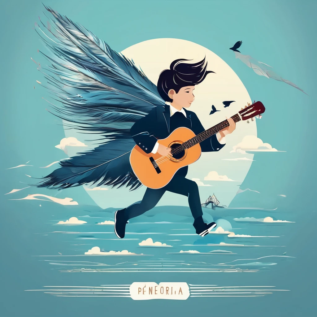 Create a professional, fantastic, cinematic Youtube Banner for a brand about music and stories called " Penamemoria". Masterpiece, 4k, sharp focus, highest quality,wide shot. Imagine a half a feather, half a fantasy boy. The title is " Penamemoria". Is a brand about the creative, unique journey of a boy into becoming a musician storyteller. In his journey he finds inspiration in a world of birds and feathers. Minimalistic, simple, poetic, dreamy logotype at the center of the image. The Background image is a world full of fantastic feathers, unique birds, light blue sky, and a boy running happily into the horizon with an acoustic guitar in his right hand. Boy running against the wind, almost simulating like he is flying