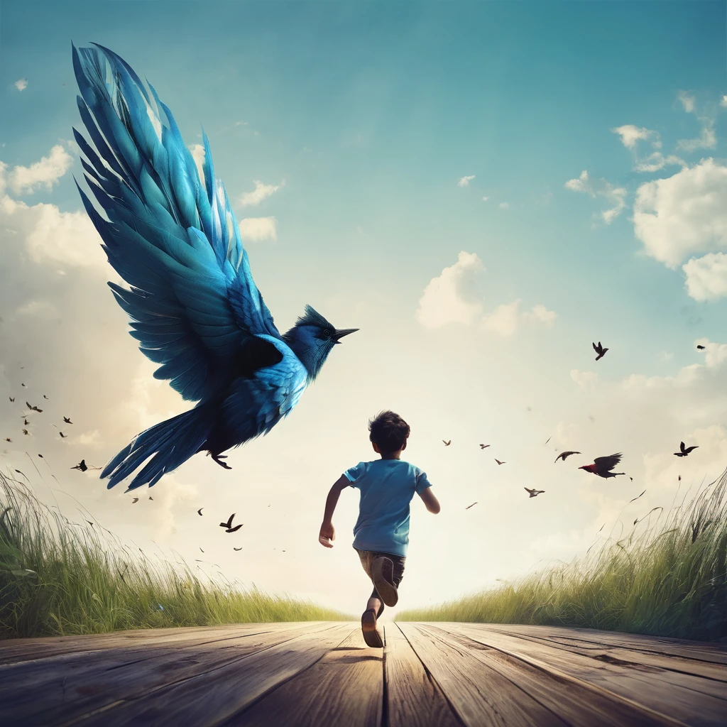Create a professional, fantastic, cinematic Youtube Banner for a brand about music and stories called " Penamemoria". Masterpiece, 4k, sharp focus, highest quality,wide shot. Imagine a half a feather, half a fantasy boy. The title is " Penamemoria". Is a brand about the creative, unique journey of a boy into becoming a musician storyteller. In his journey he finds inspiration in a world of birds and feathers. Minimalistic, simple, poetic, dreamy logotype at the center of the image. The Background image is a world full of fantastic feathers, unique birds, light blue sky, and a boy running happily into the horizon with an acoustic guitar in his right hand. Boy running against the wind, almost simulating like he is flying