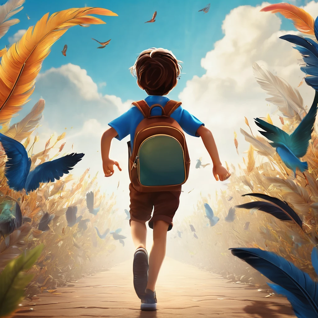 Create a professional, fantastic, cinematic Youtube Banner for a brand about music and stories called " Penamemoria". Masterpiece, 4k, sharp focus, highest quality,wide shot. Imagine a half a feather, half a fantasy boy. The title is " Penamemoria". Is a brand about the creative, unique journey of a boy into becoming a musician storyteller. In his journey he finds inspiration in a world of birds and feathers. Minimalistic, simple, poetic, dreamy logotype at the center of the image. The Background image is a world full of fantastic feathers, unique birds, light blue sky, and a boy running happily into the horizon with an acoustic guitar in his right hand. Boy running against the wind, almost simulating like he is flying