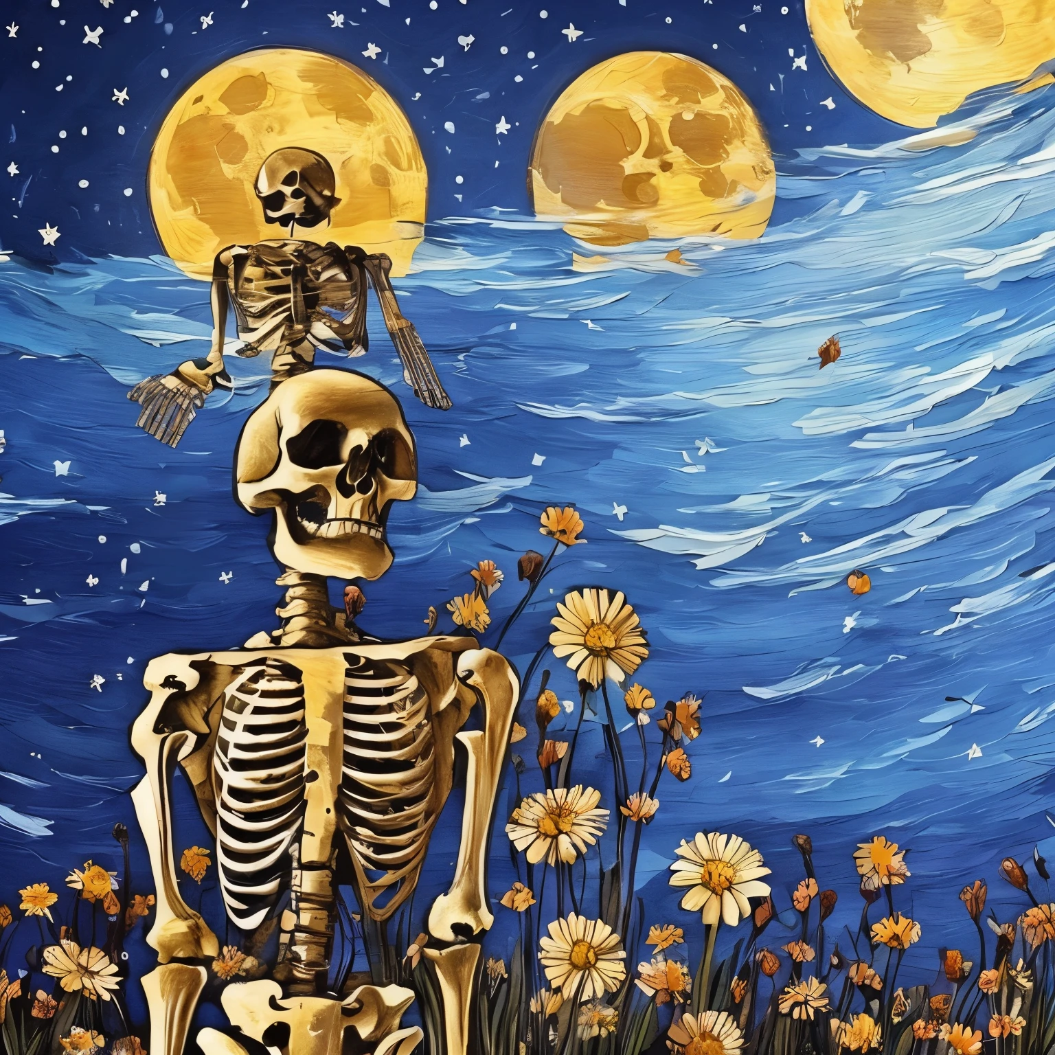 ((masterpiece)) ((high resolution)) ((high quality)) A human skeleton standing with flowers surrounding it, the moon on the sky and some stars