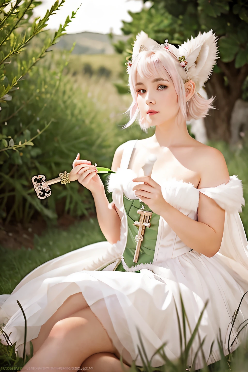 female with light brown curved horns and white sheep ears, pink eyes, short white hair above her shoulders, wearing a princess dress, sitting holding a green field, holding a glowing key in her hand