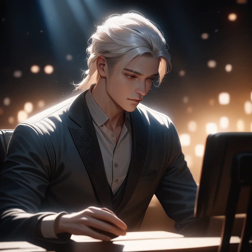 a beautiful anime boy with long white hair sitting in a chair, highly detailed, realistic, intricate, cinematic lighting, photorealistic, masterpiece, award winning, 4k, 8k, hyper detailed, sharp focus, physically based rendering, studio lighting, elegant, serene, thoughtful expression, soft lighting, atmospheric, dramatic, moody