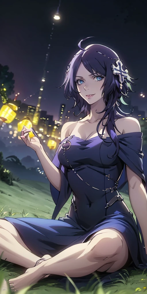 MC, ahoge, (long hari, purple hair:1.3), hair ornament, dark-blue eyes, breasts, epic art, fantasy, 1girl, grass, solo, barefoot, sitting, breasts, mountain, sunset, dress, bare_shoulders, outdoors, looking_at_viewer, off_shoulder, field, sky, lake, collarbone, mountainous_horizon, indian_style, twilight, tree, black_dress, large_breasts, scenery, medium_breasts, feet, off-shoulder_dress, (bokeh:1.3), hollow eyes, bright pupils, dark-blue eyes, looking at viewer. glowing eyes heavy breathing, seductive smile, lips, 
