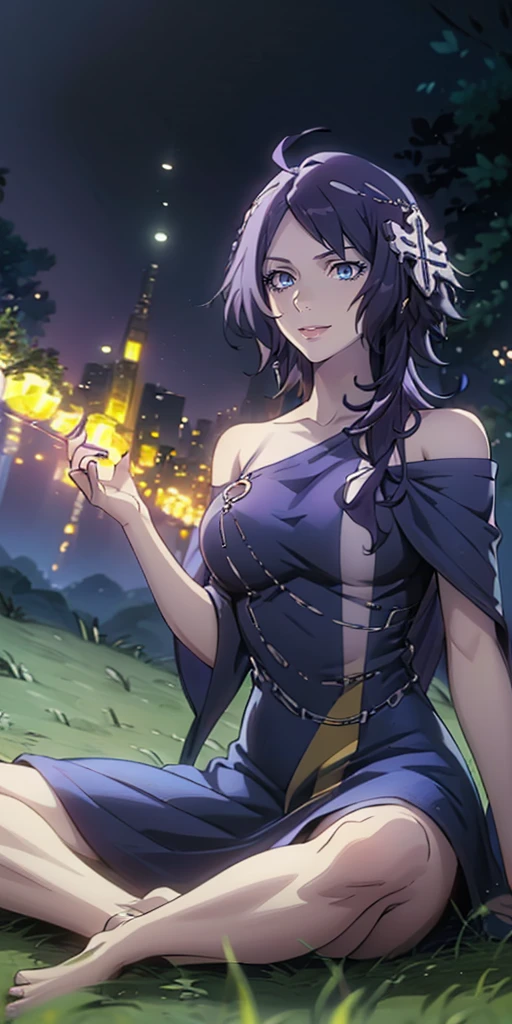 MC, ahoge, (long hari, purple hair:1.3), hair ornament, dark-blue eyes, breasts, epic art, fantasy, 1girl, grass, solo, barefoot, sitting, breasts, mountain, sunset, dress, bare_shoulders, outdoors, looking_at_viewer, off_shoulder, field, sky, lake, collarbone, mountainous_horizon, indian_style, twilight, tree, black_dress, large_breasts, scenery, medium_breasts, feet, off-shoulder_dress, (bokeh:1.3), hollow eyes, bright pupils, dark-blue eyes, looking at viewer. glowing eyes heavy breathing, seductive smile, lips,